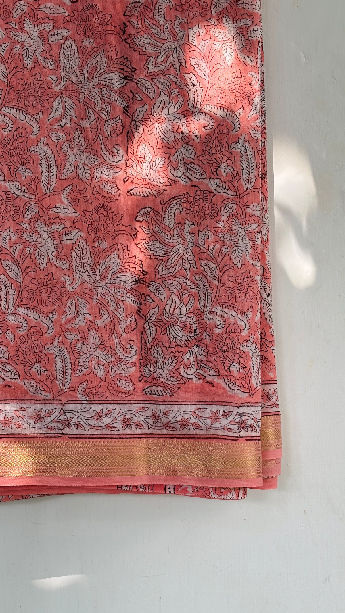 Peach Handblock Printed Maheshwari Silk Saree