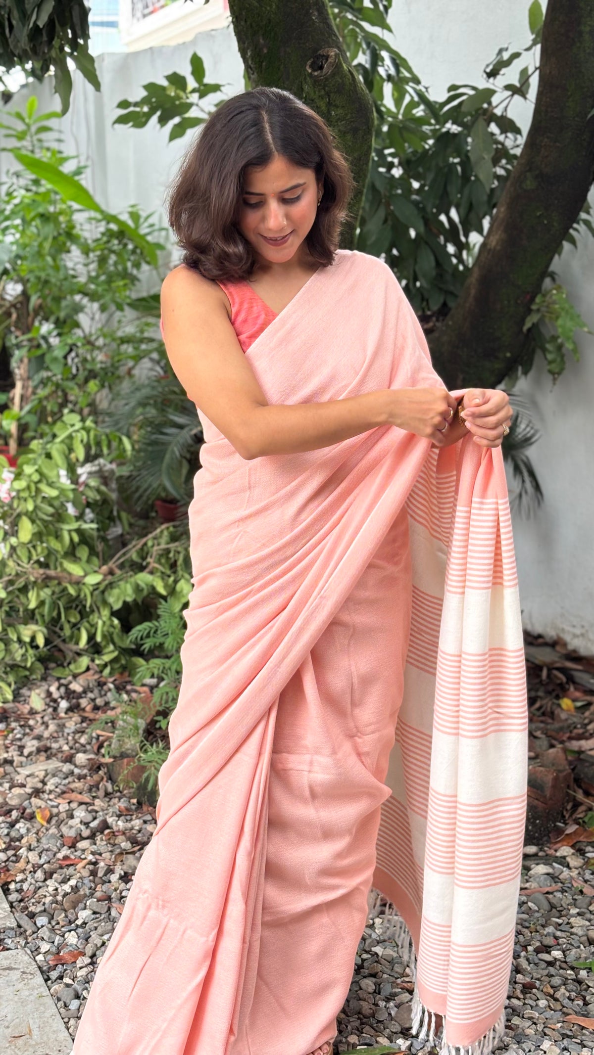 Handwoven Organic Cotton Peach Saree with White Striped Pallu and Tassels