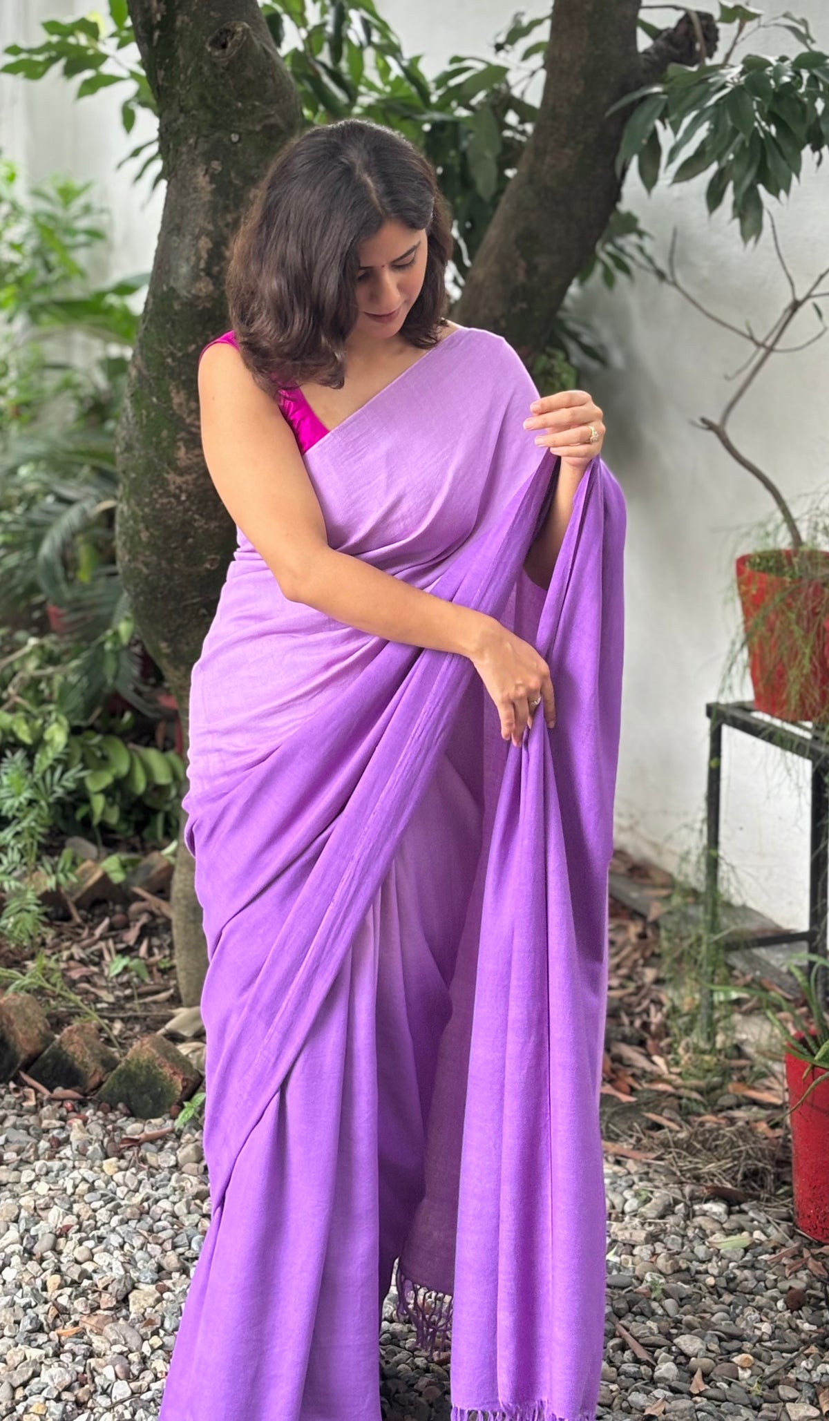 Handwoven Organic Cotton Lilac to Purple Ombre Saree with Tassels