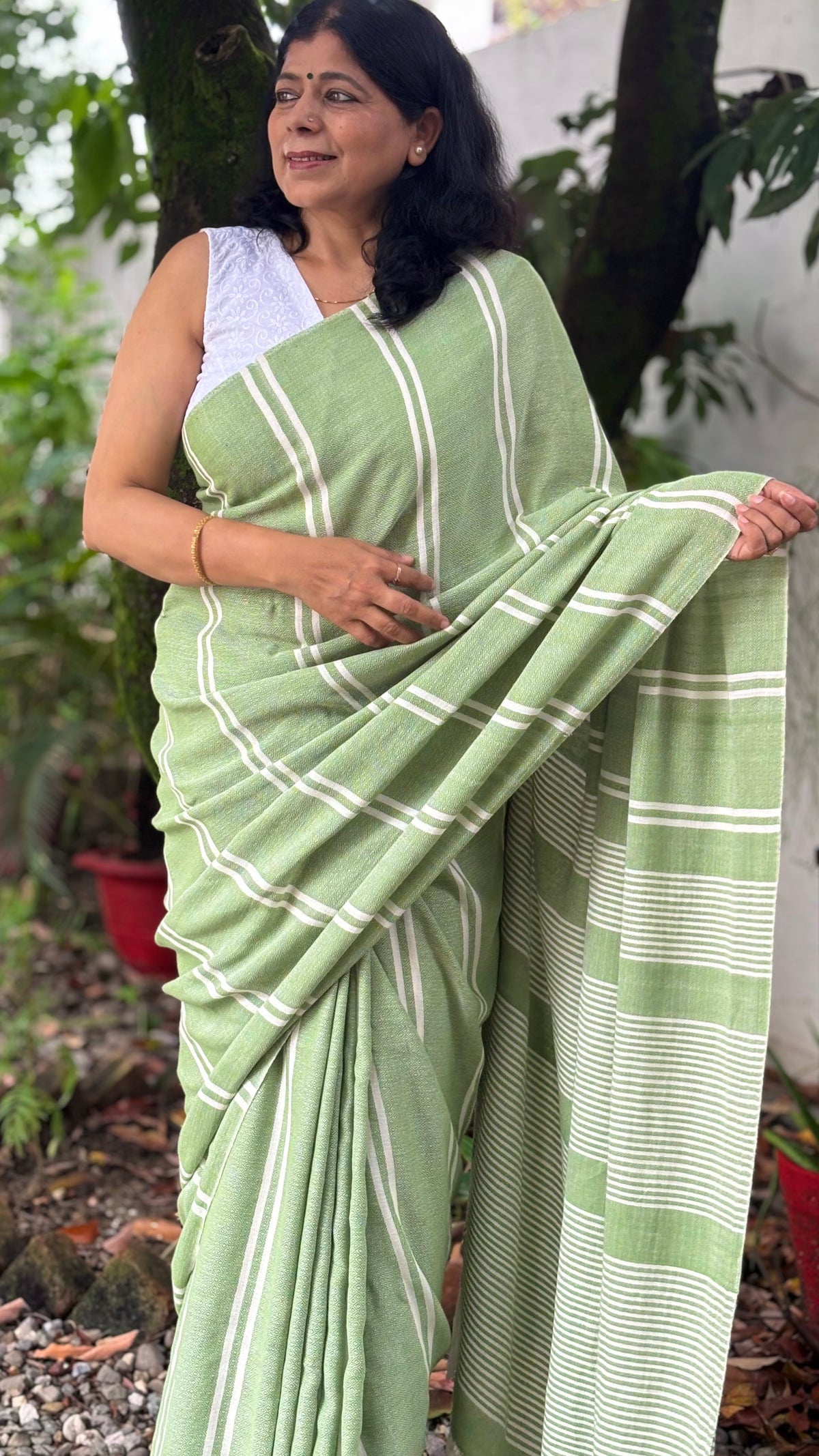Handwoven Organic Cotton Pistachio Green & White Striped Saree with Minimal Woven Pattern