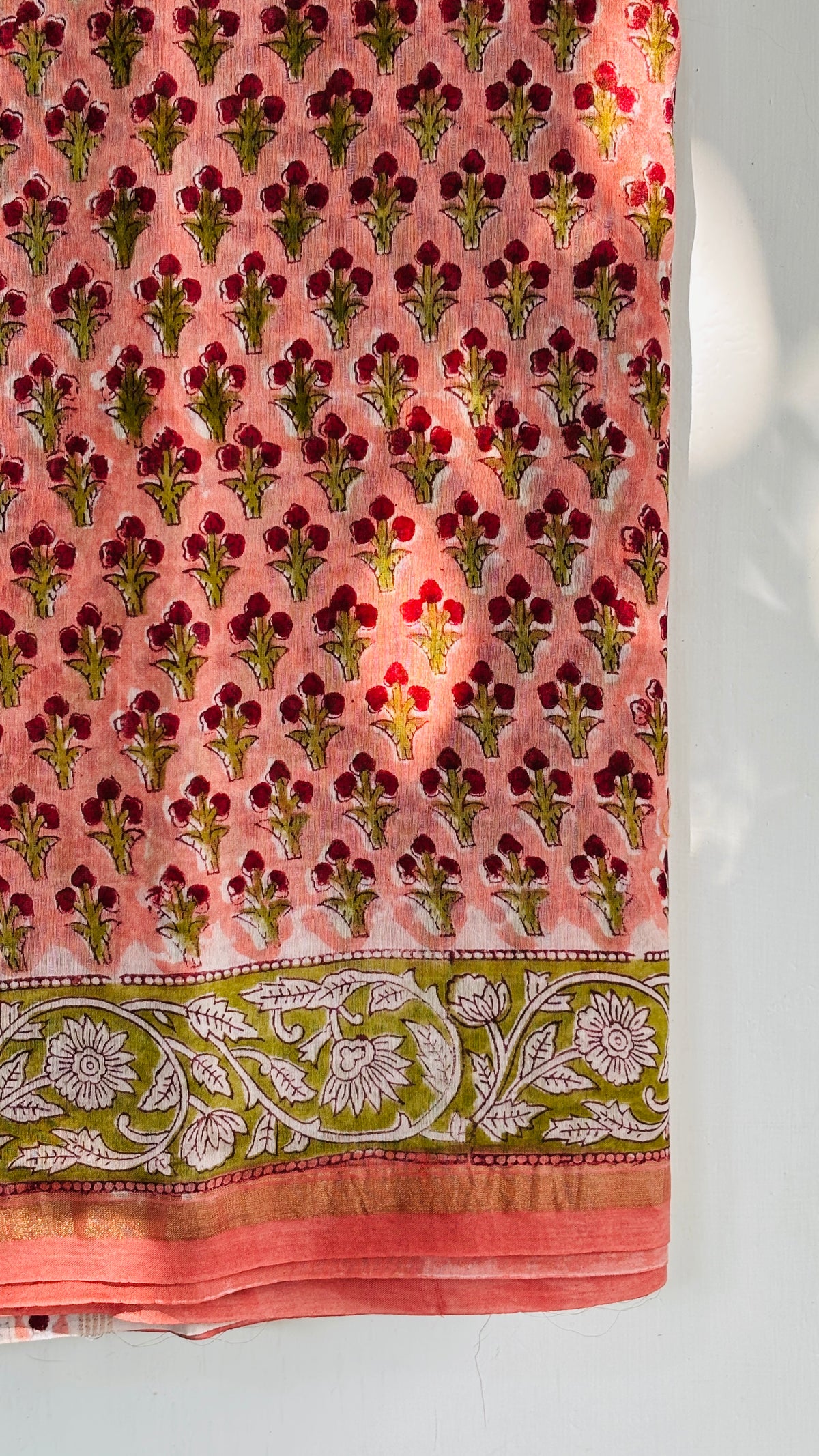 Peach and With Red and Green Handblock Printed Floral Motifs