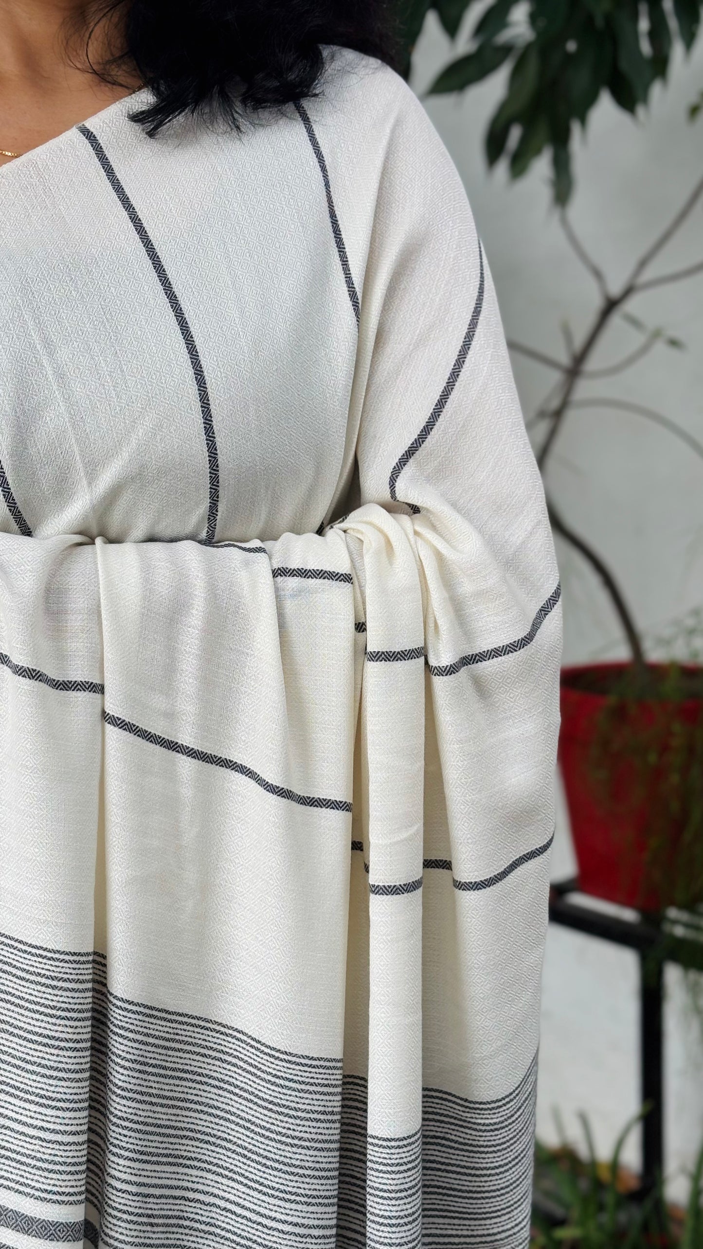 Handwoven Bamboo & Organic Cotton Blend Off-White Saree with Black Stripes and Striped Pallu