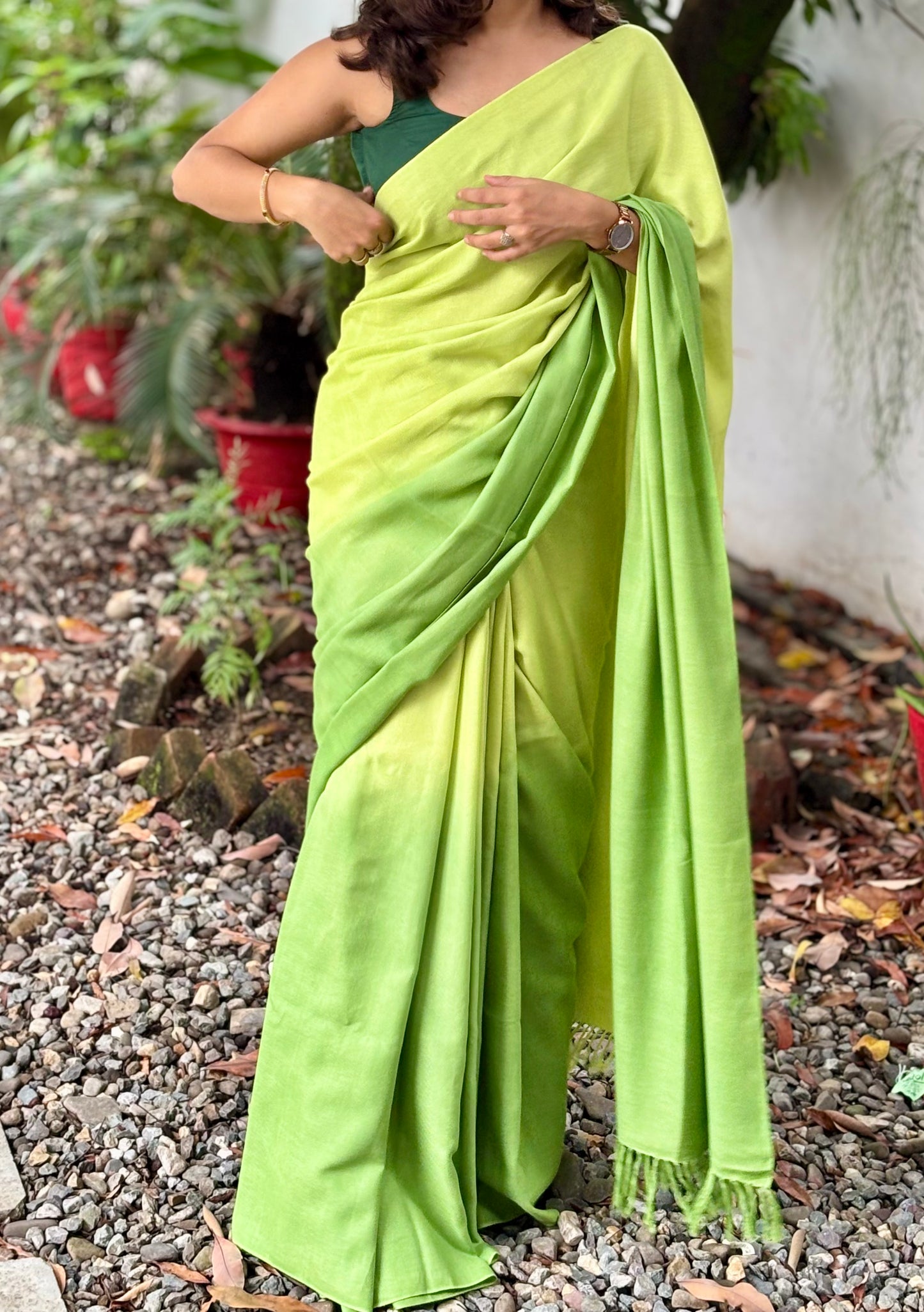 Handwoven Organic Cotton Lemon Yellow to Light Green Ombre Saree with Tassels