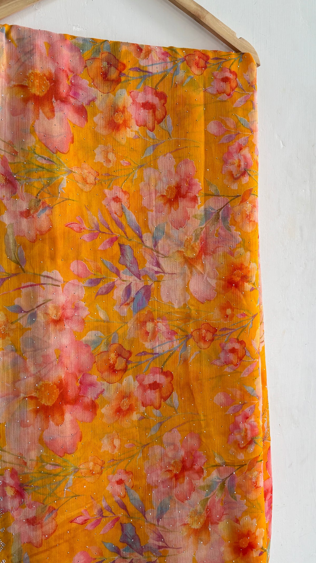 Yellow Floral Printed Chiffon Saree with Subtle Stone Work