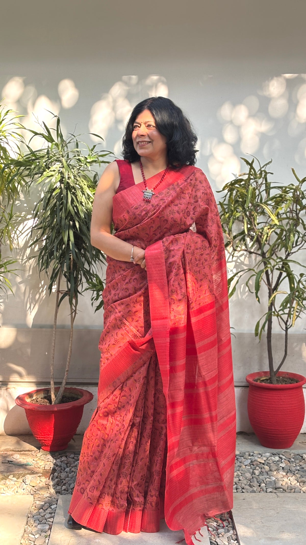 Handloom Vermilion Red Silk Saree with Floral Motifs, Statement Pallu and Tassels