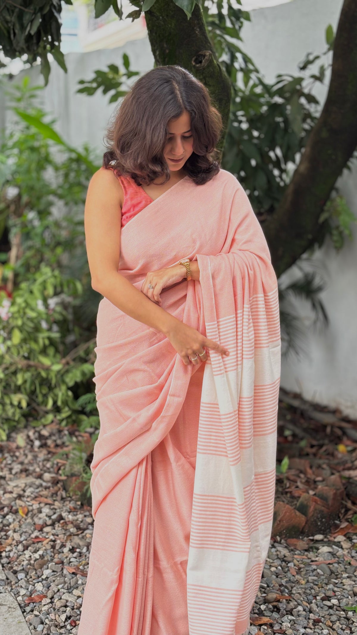 Handwoven Organic Cotton Peach Saree with White Striped Pallu and Tassels