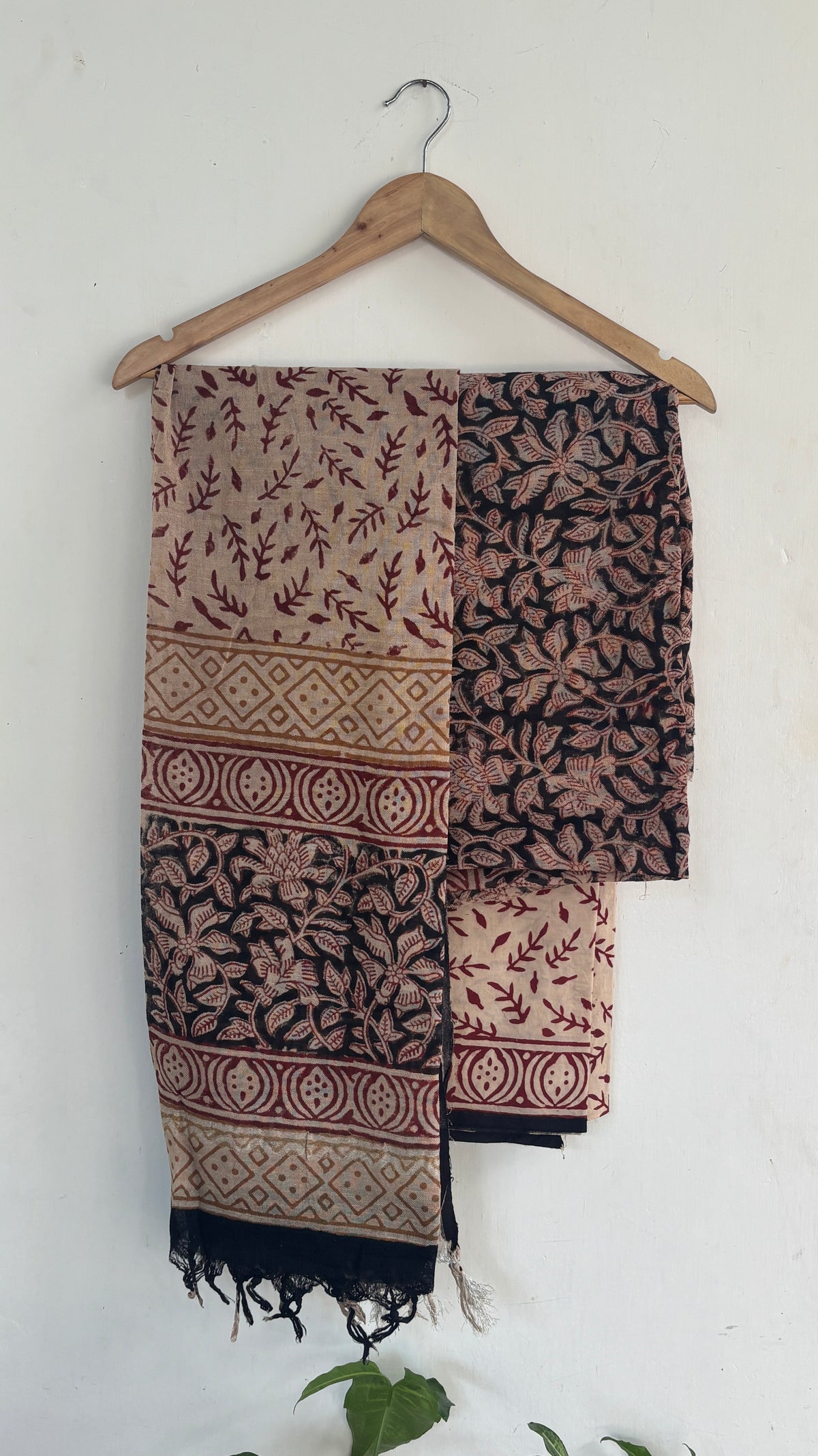 Handblock Printed Cotton Linen Beige & Black Floral Suit Set with Printed Dupatta