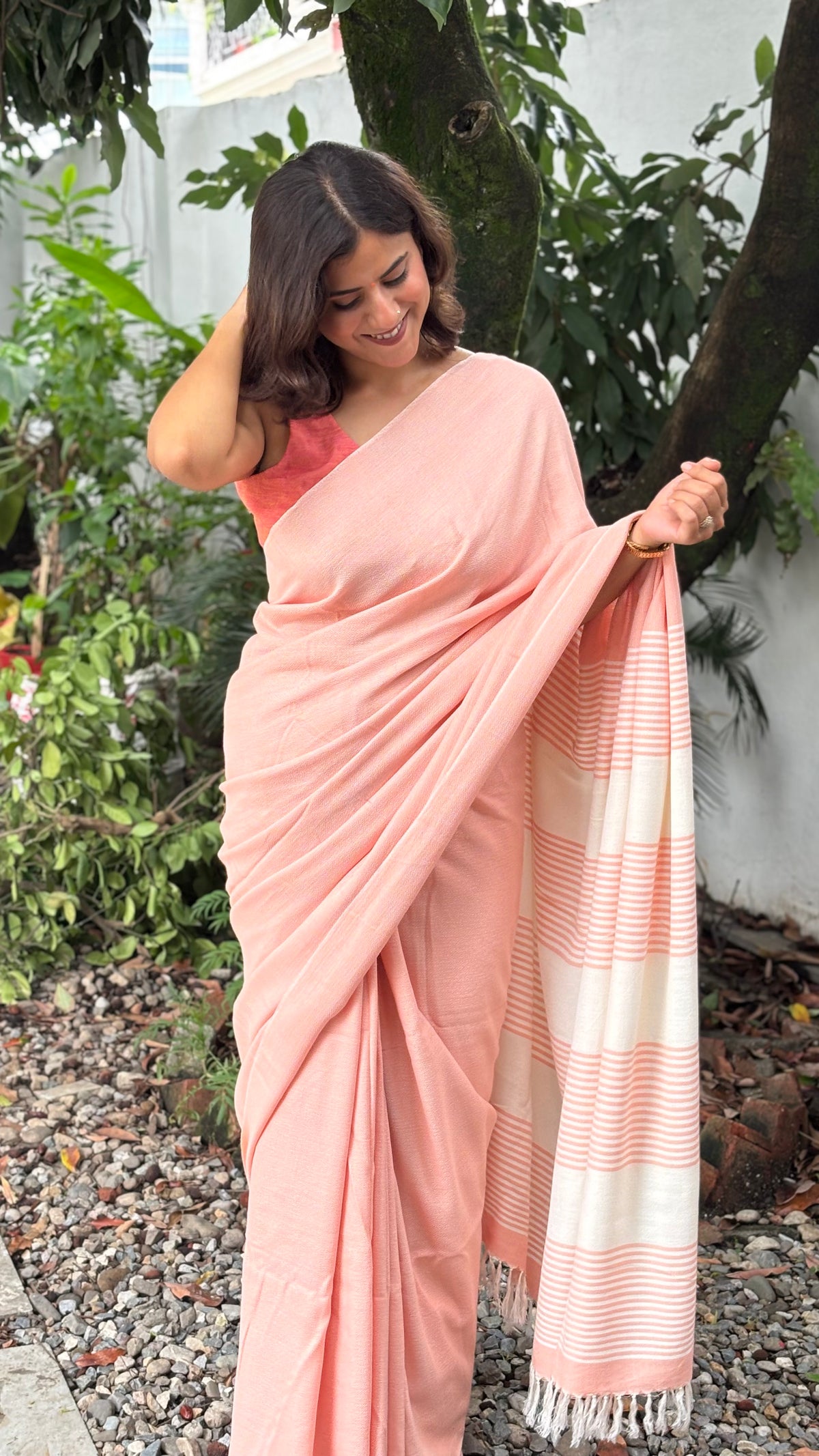 Handwoven Organic Cotton Peach Saree with White Striped Pallu and Tassels