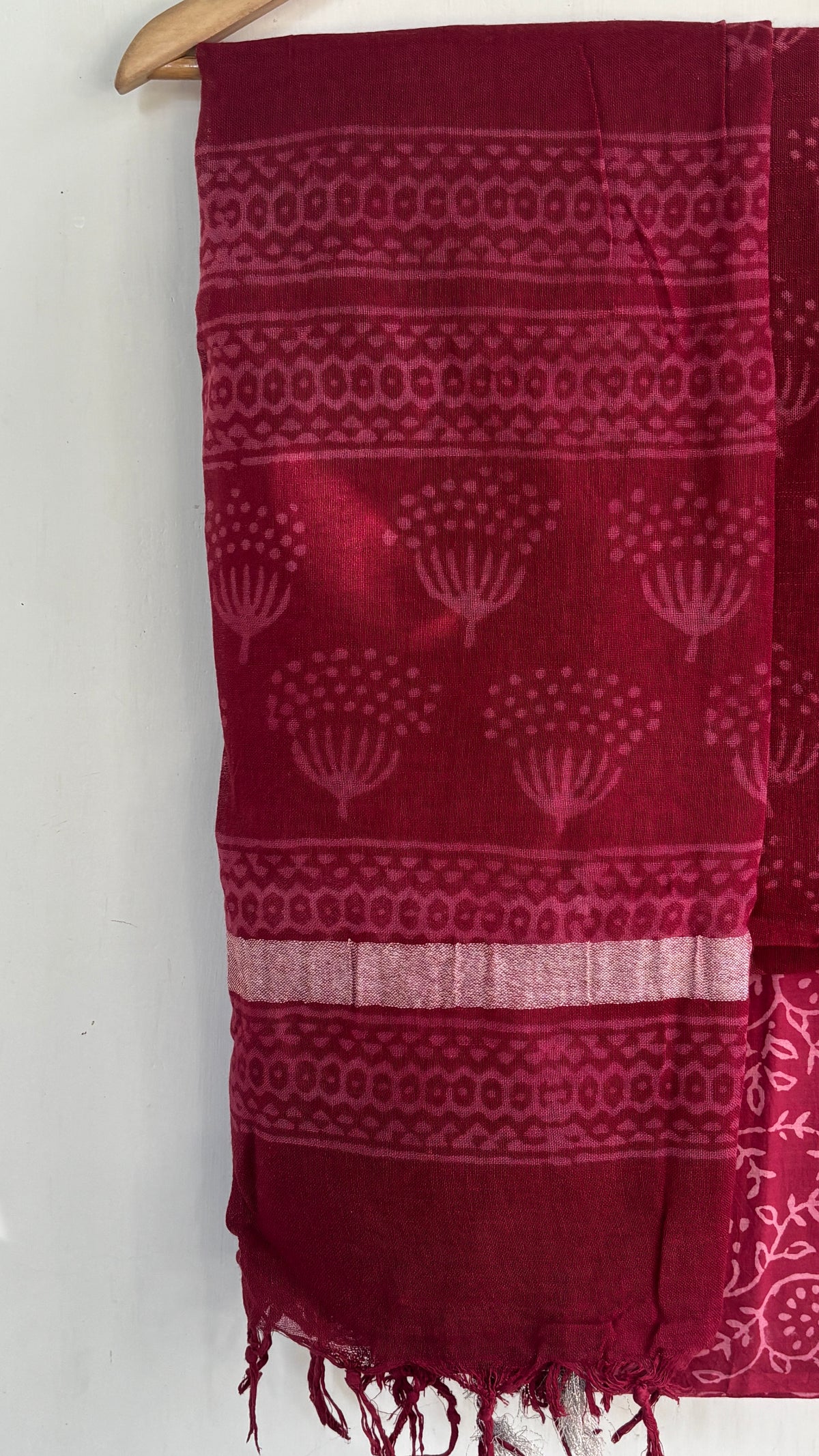 Handblock Printed Cotton Linen Deep Red Paisley Print Suit Set with Cotton Linen Dupatta