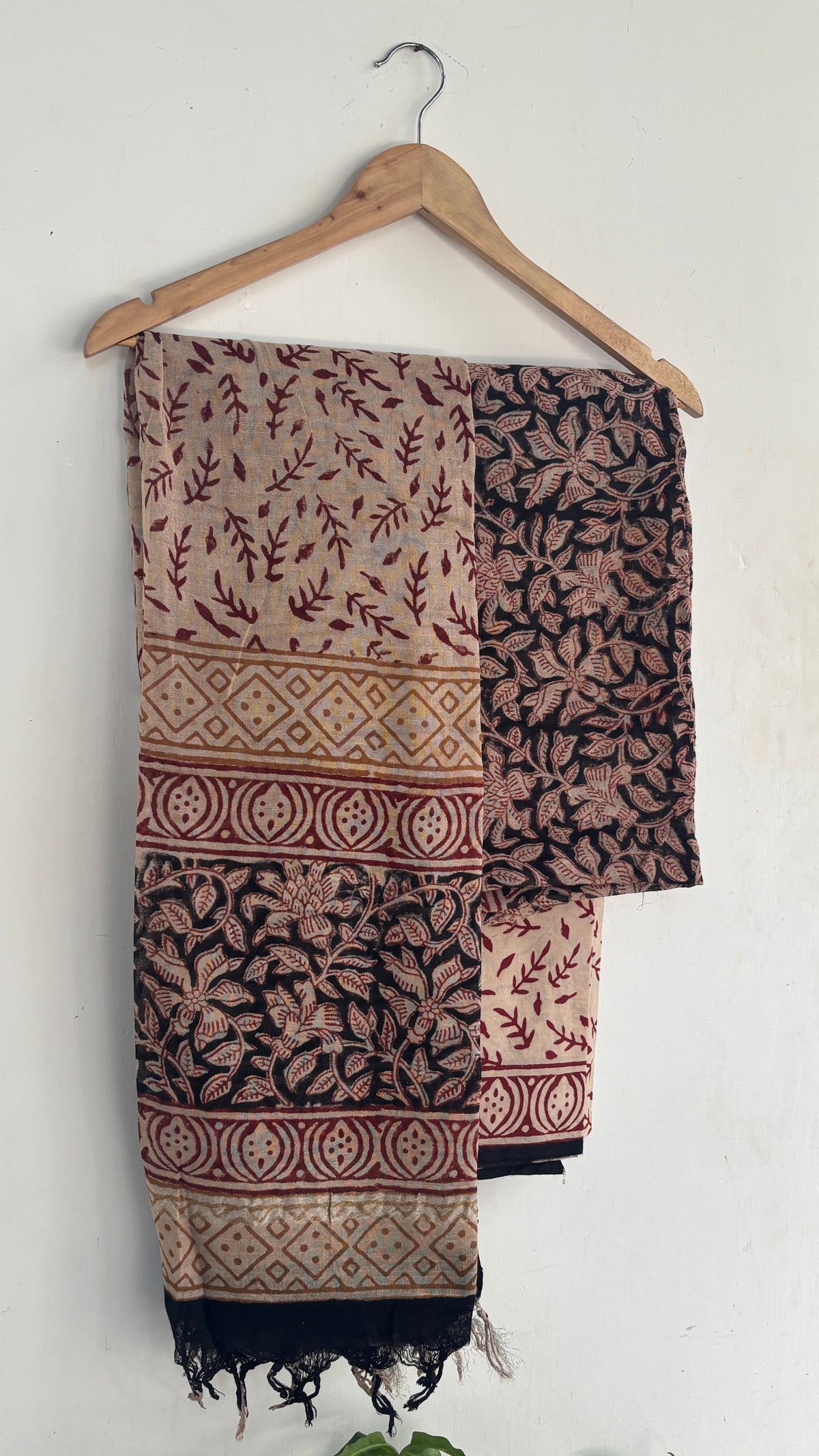 Handblock Printed Cotton Linen Beige & Black Floral Suit Set with Printed Dupatta