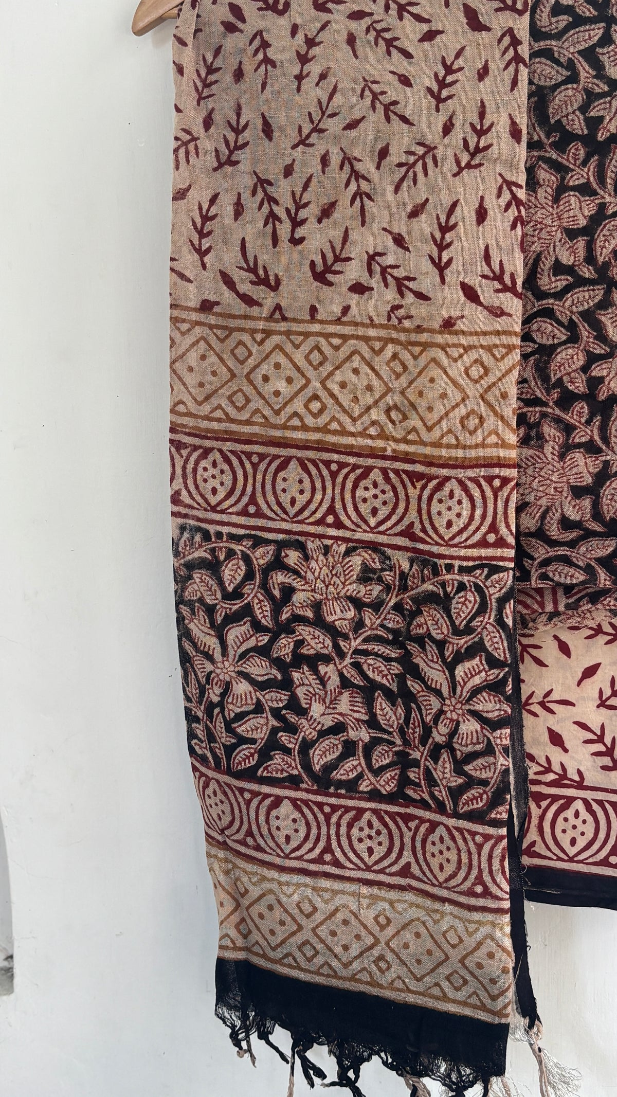 Handblock Printed Cotton Linen Beige & Black Floral Suit Set with Printed Dupatta