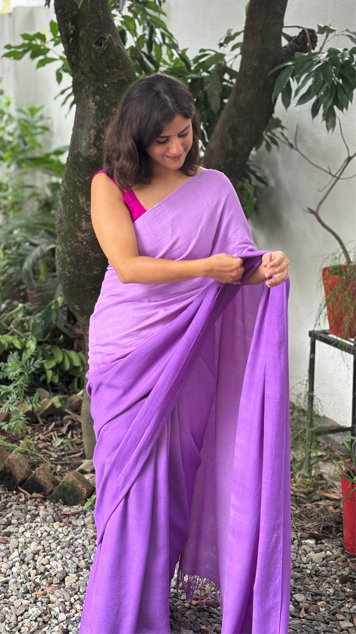 Handwoven Organic Cotton Lilac to Purple Ombre Saree with Tassels