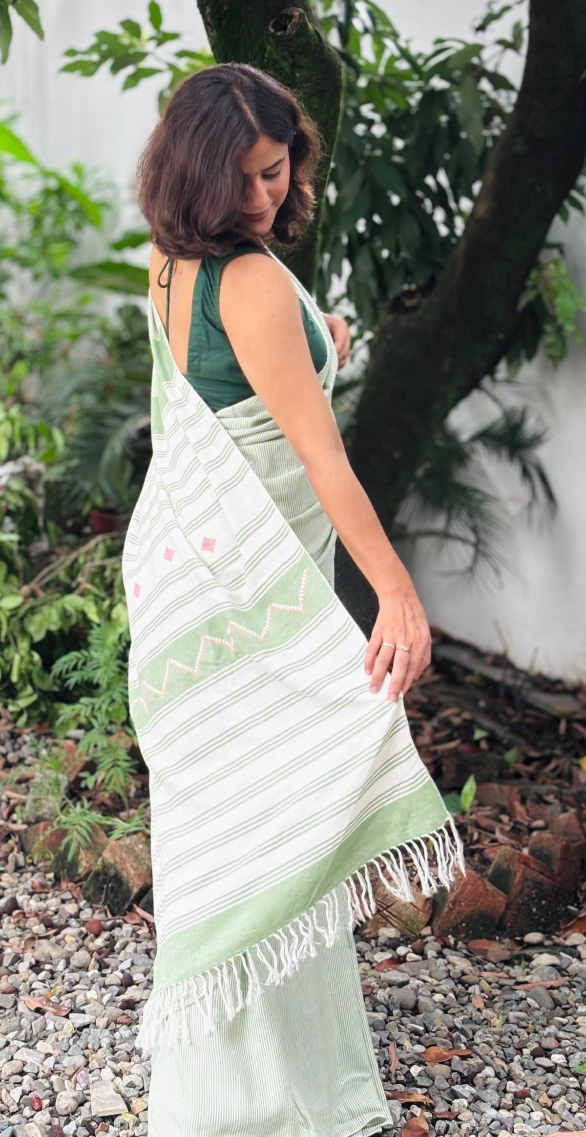 Organic Cotton Sage Green Striped Saree