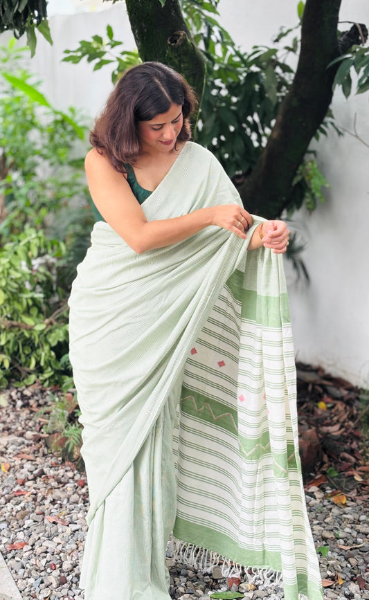 Organic Cotton Sage Green Striped Saree