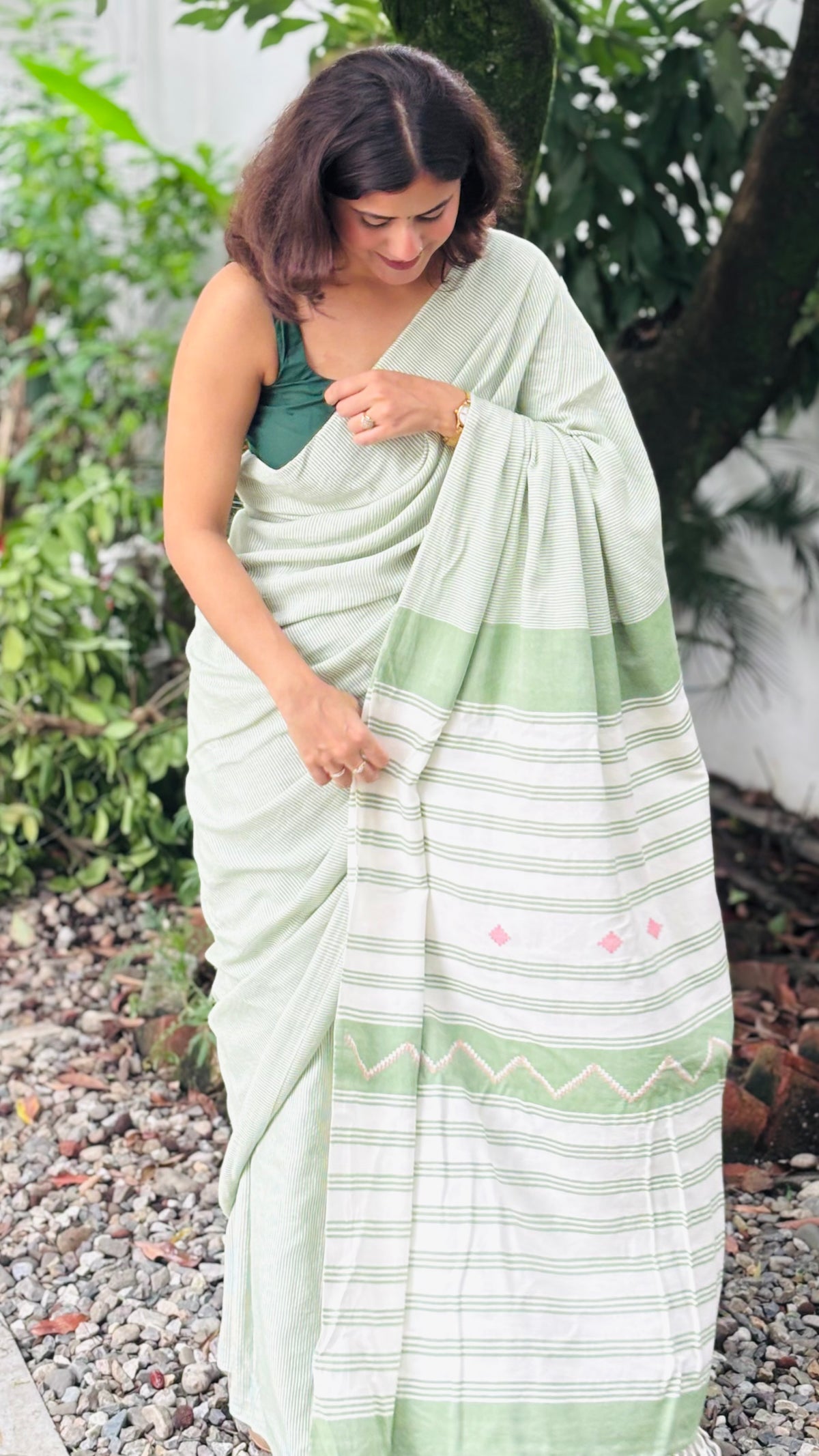 Organic Cotton Sage Green Striped Saree
