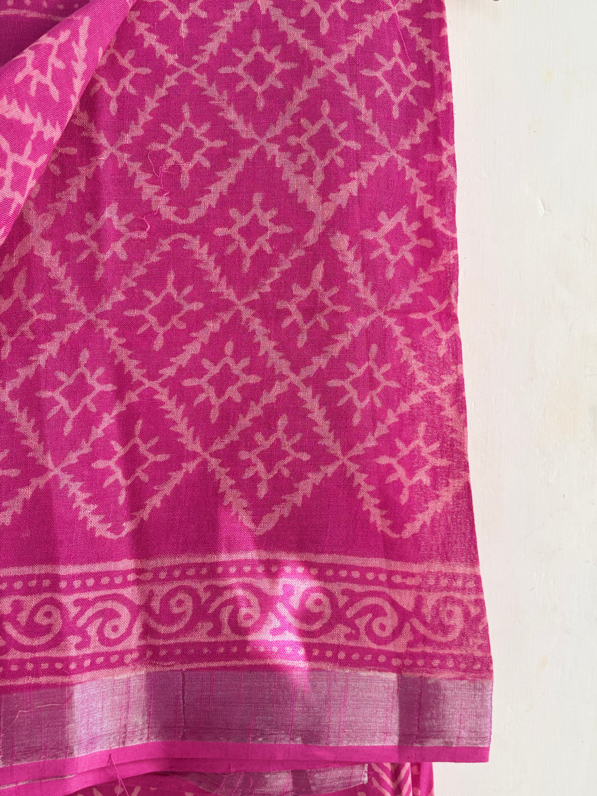 Handblock Printed Cotton Linen Pink Geometric Print Suit Set with Cotton Linen Dupatta