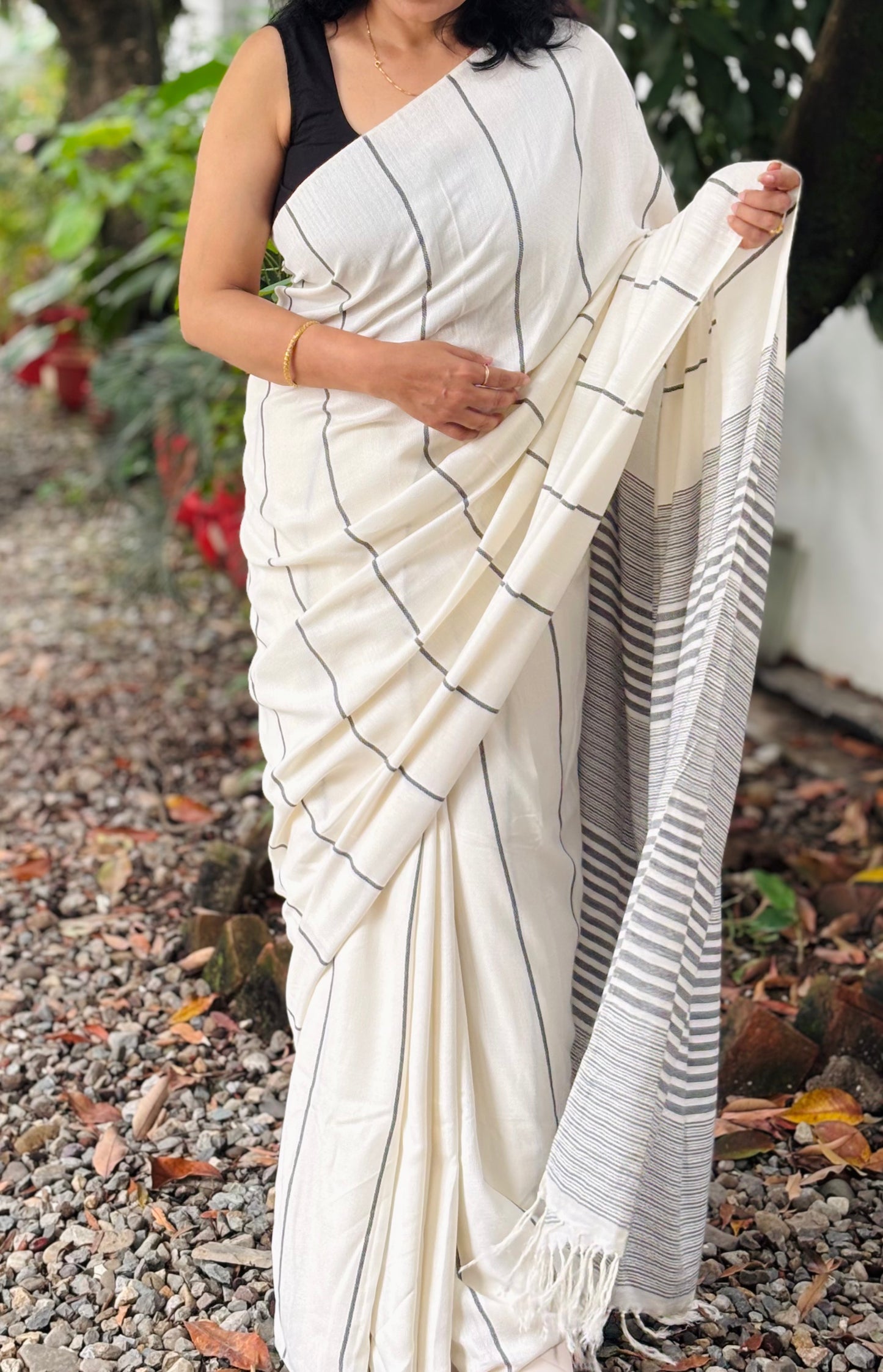 Handwoven Bamboo & Organic Cotton Blend Off-White Saree with Black Stripes and Striped Pallu
