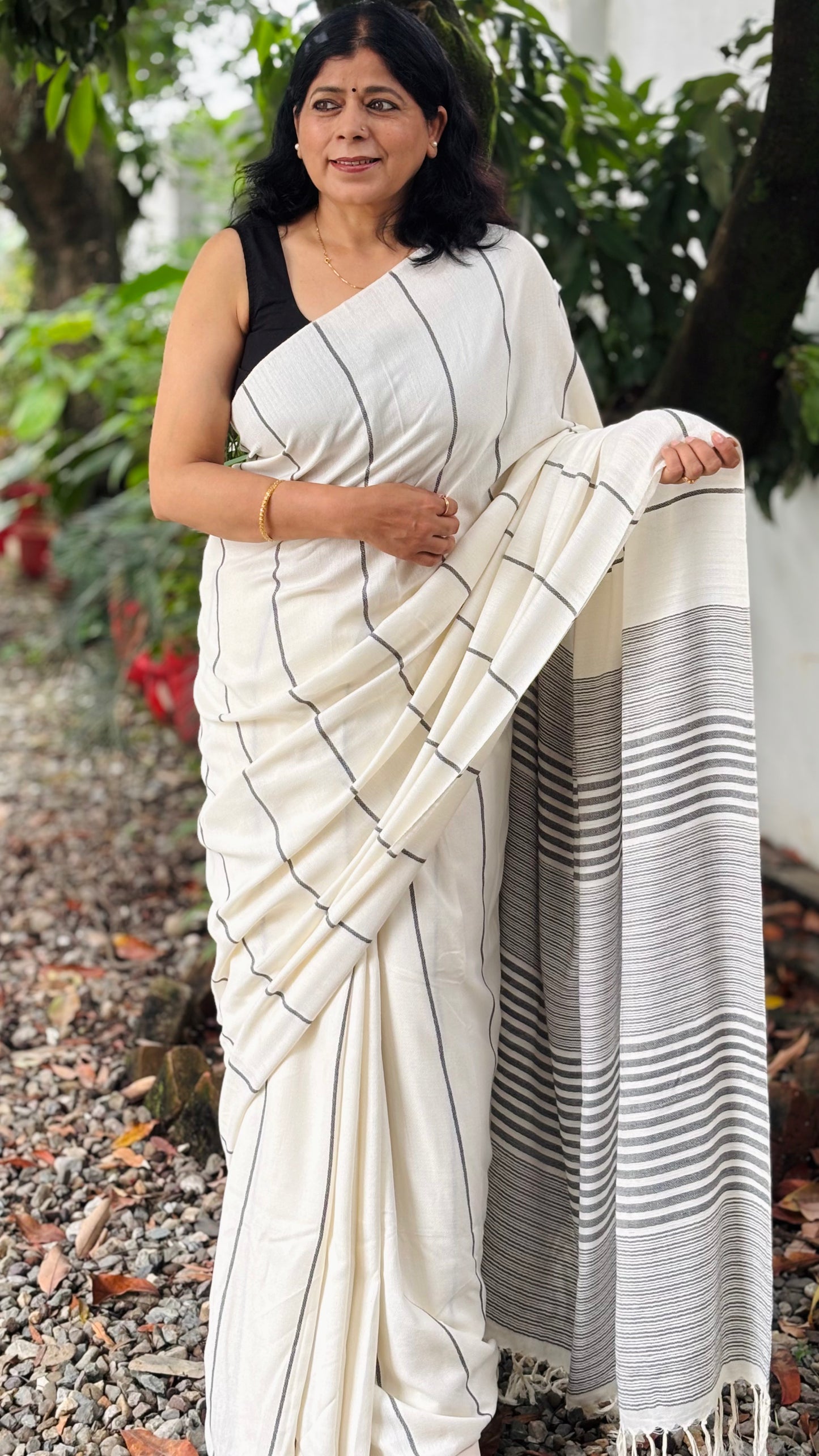 Handwoven Bamboo & Organic Cotton Blend Off-White Saree with Black Stripes and Striped Pallu
