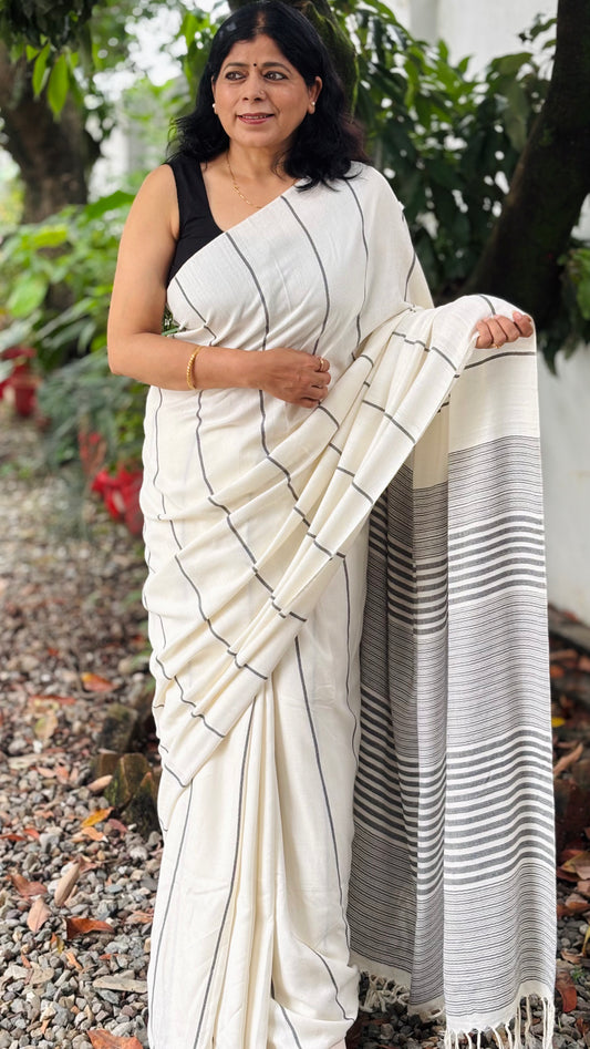 Handwoven Bamboo & Organic Cotton Blend Off-White Saree with Black Stripes and Striped Pallu
