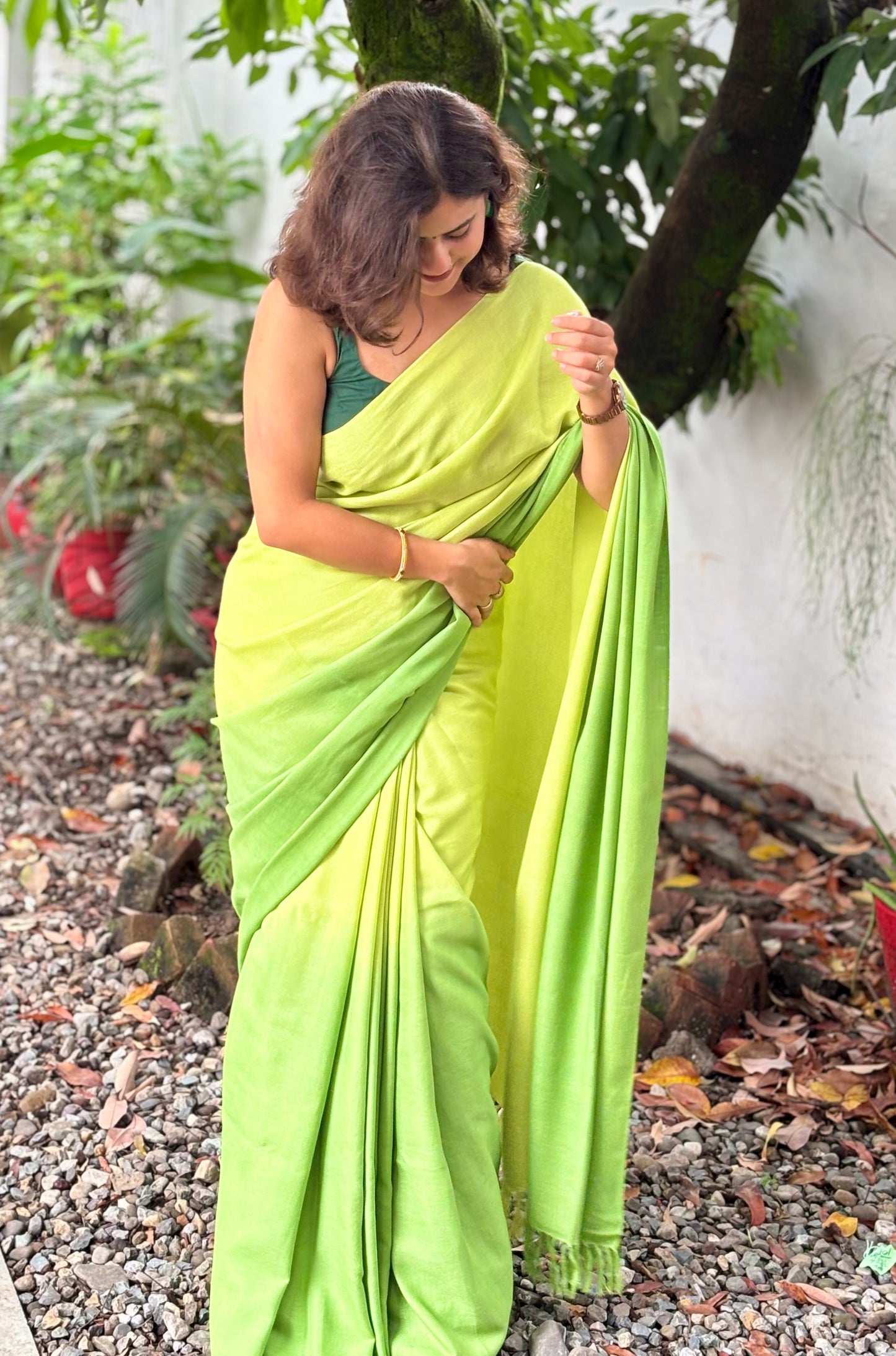 Handwoven Organic Cotton Lemon Yellow to Light Green Ombre Saree with Tassels