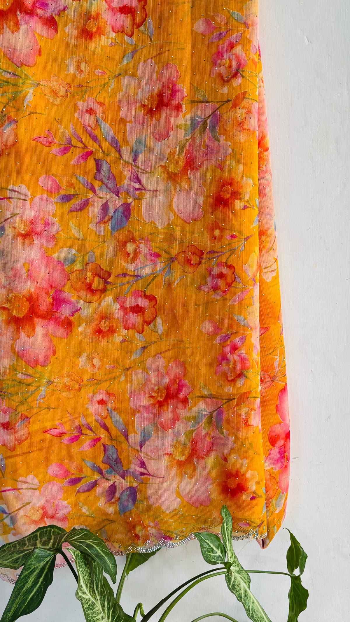 Yellow Floral Printed Chiffon Saree with Subtle Stone Work