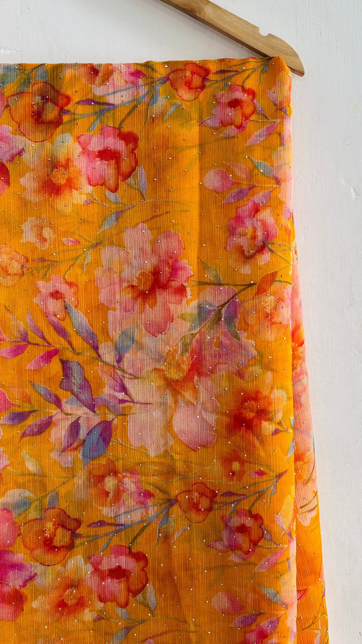 Yellow Floral Printed Chiffon Saree with Subtle Stone Work