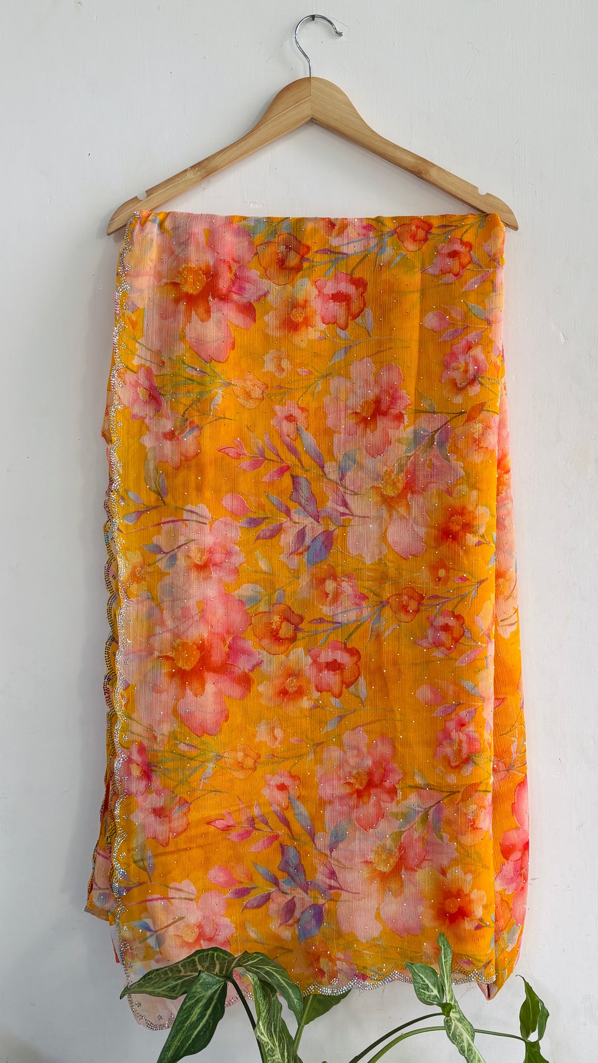 Yellow Floral Printed Chiffon Saree with Subtle Stone Work