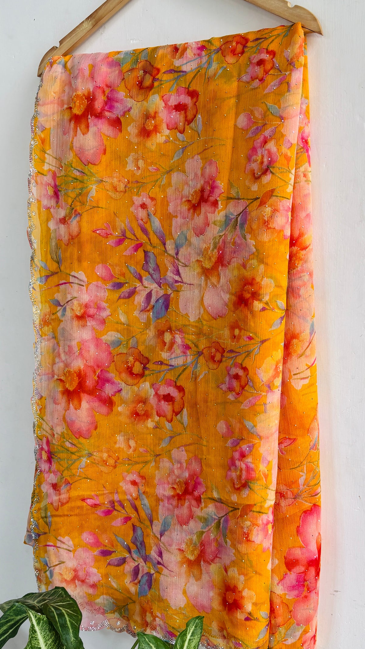 Yellow Floral Printed Chiffon Saree with Subtle Stone Work