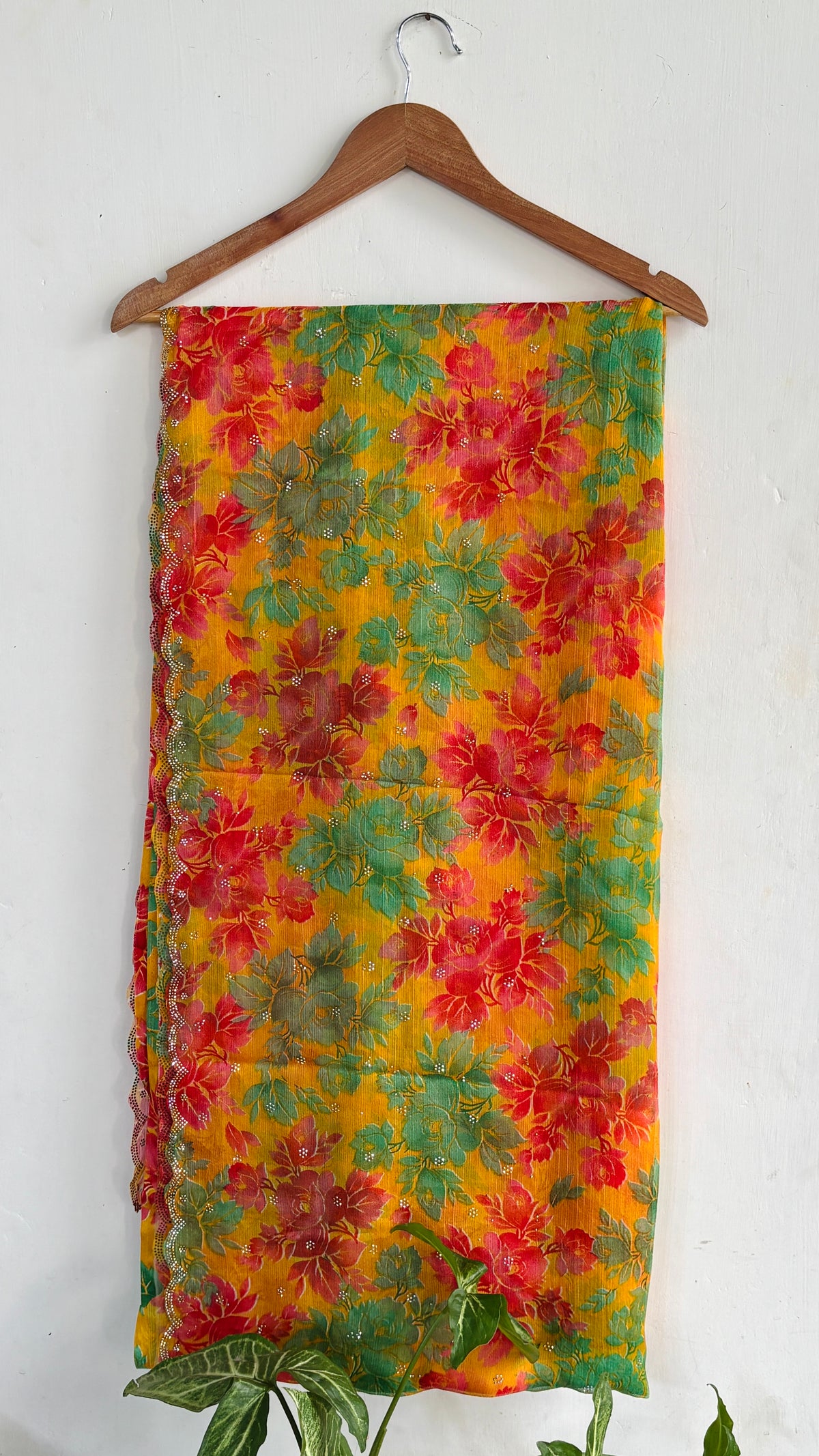 Bright Floral Printed Chiffon Saree With Stone Work