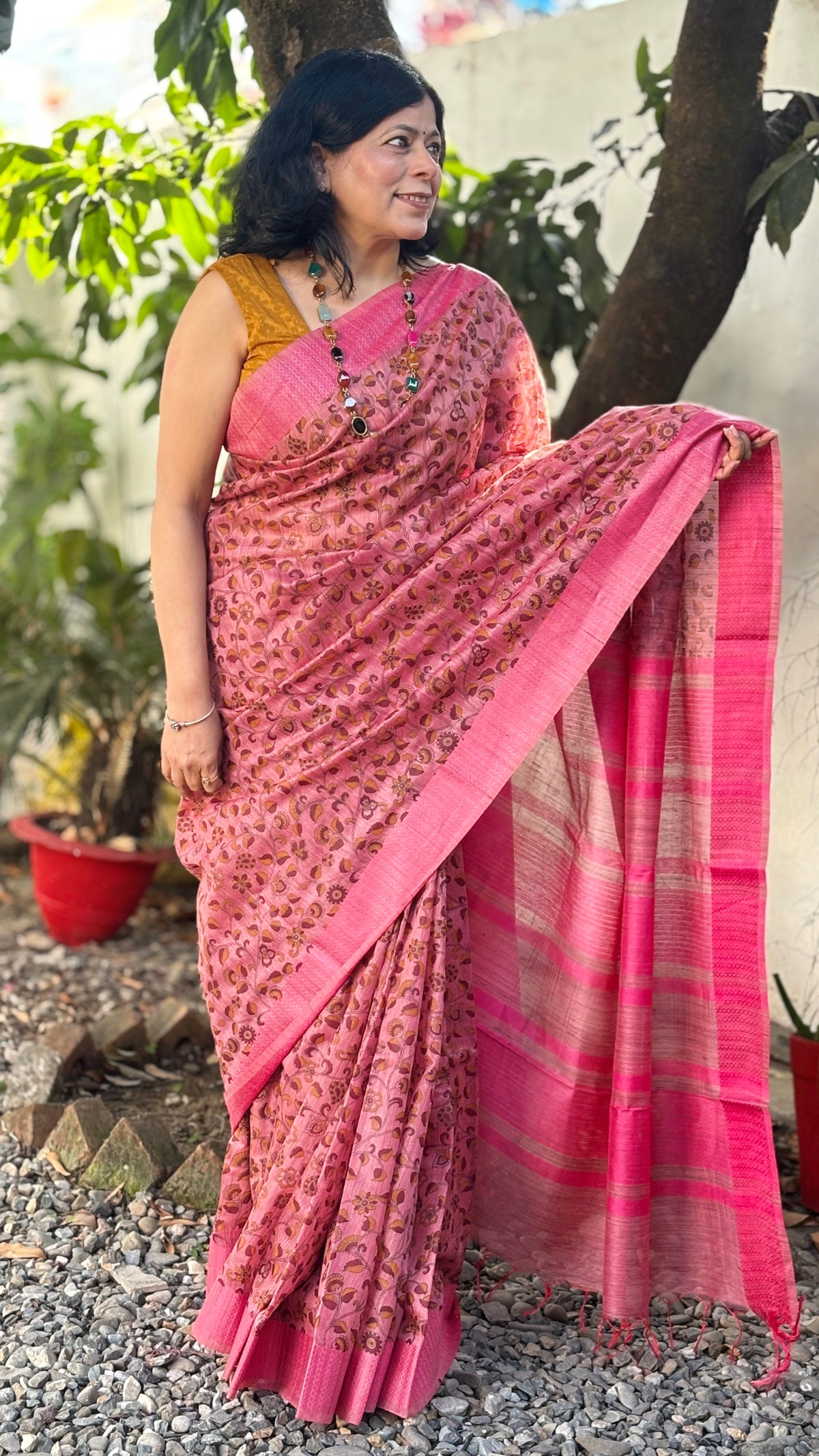Handloom Blush Pink Floral Silk Saree with Floral Motifs, Pink Pallu and Tassels
