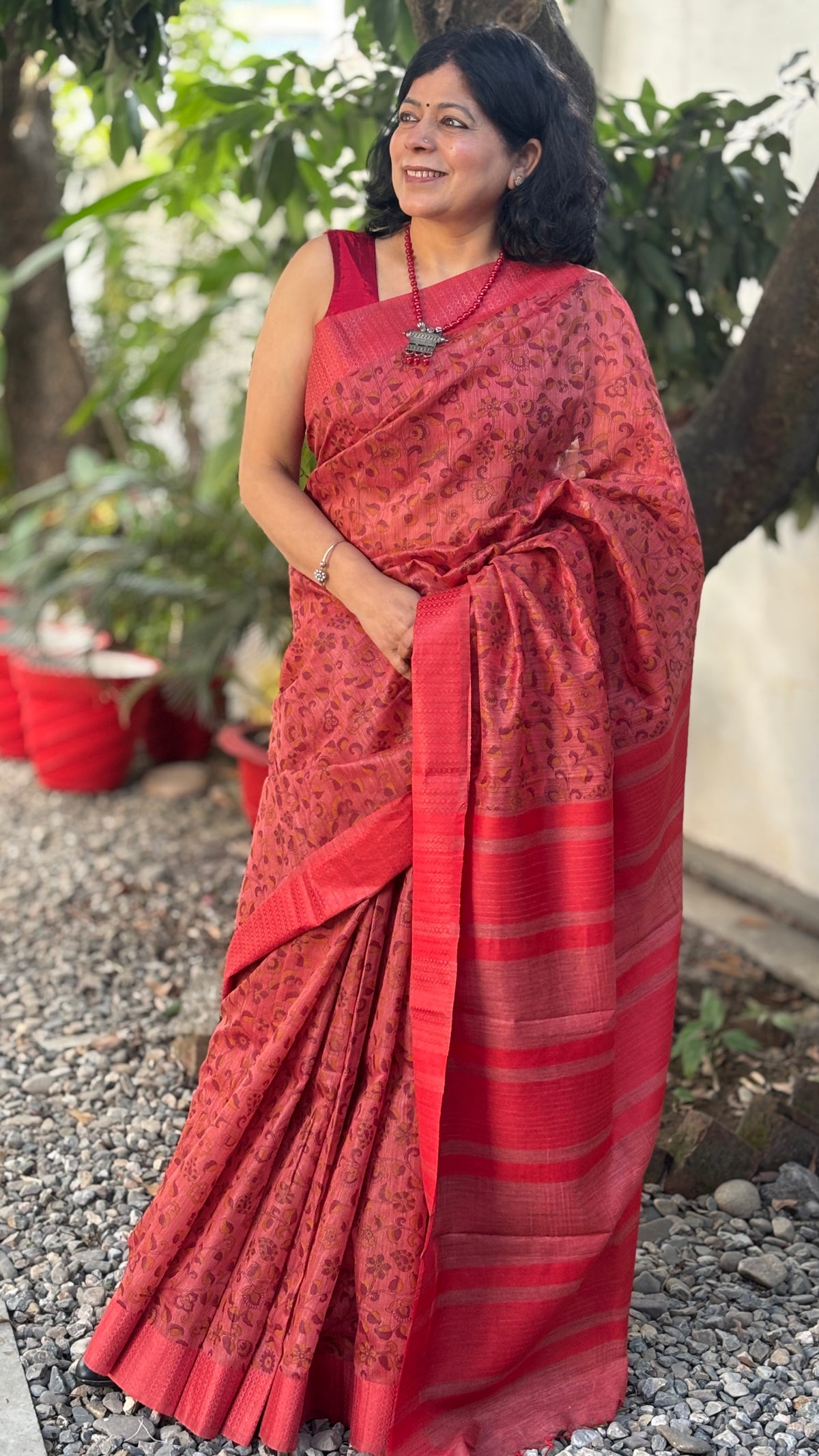 Handloom Vermilion Red Silk Saree with Floral Motifs, Statement Pallu and Tassels