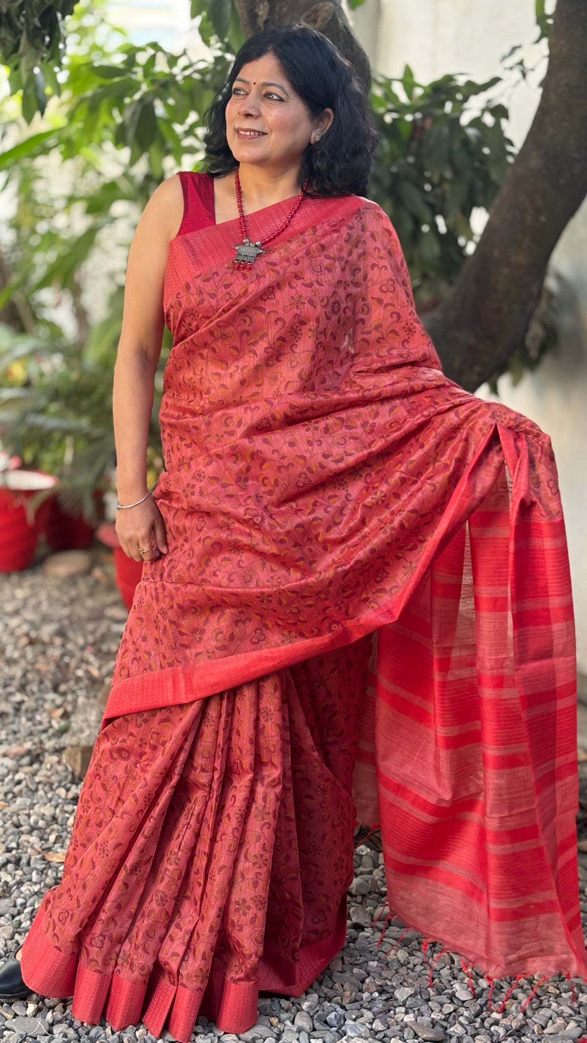 Handloom Vermilion Red Silk Saree with Floral Motifs, Statement Pallu and Tassels