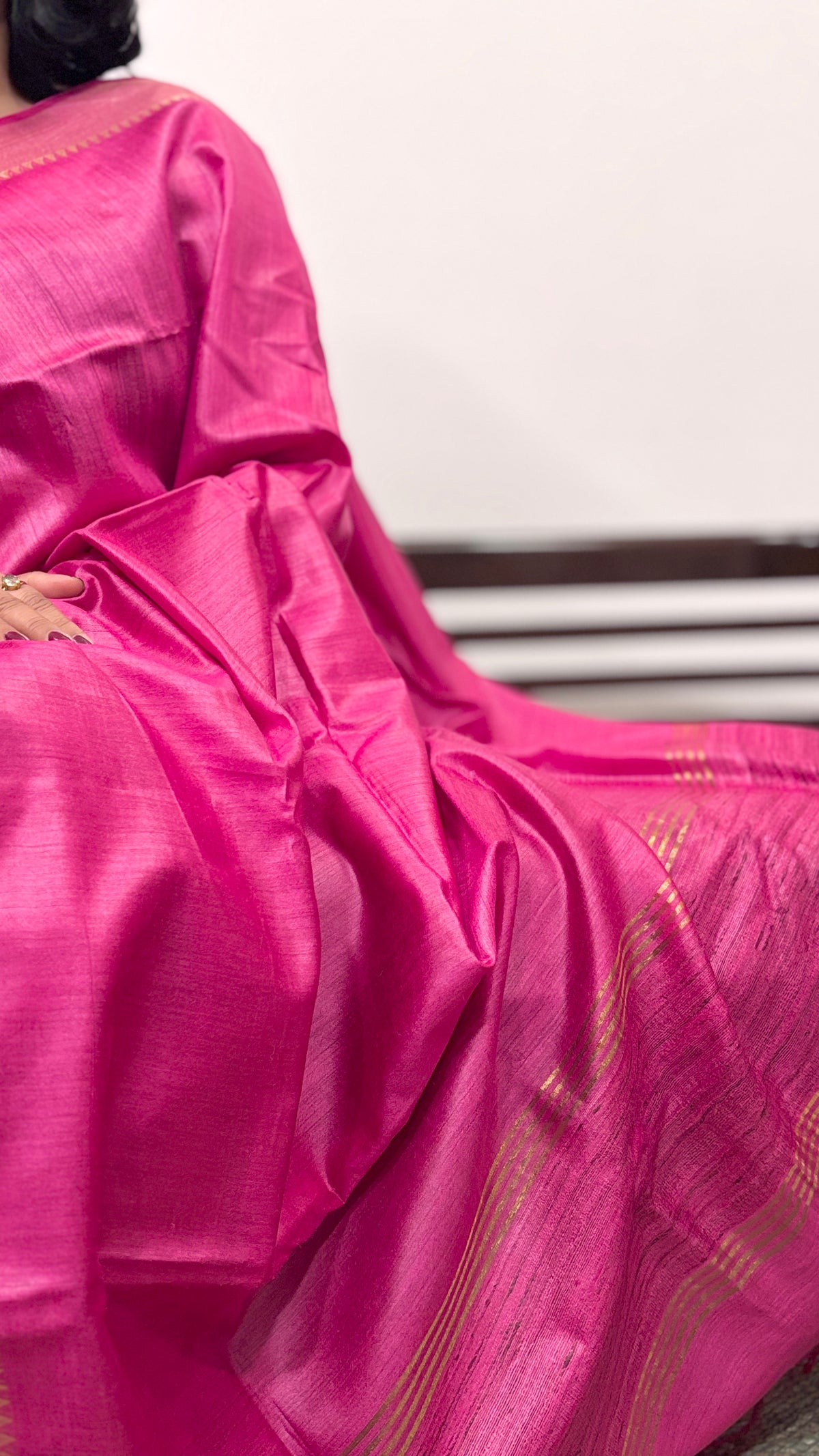 Handwoven Fuchsia Pink Muga Silk Saree with Plain Pallu and Tassels
