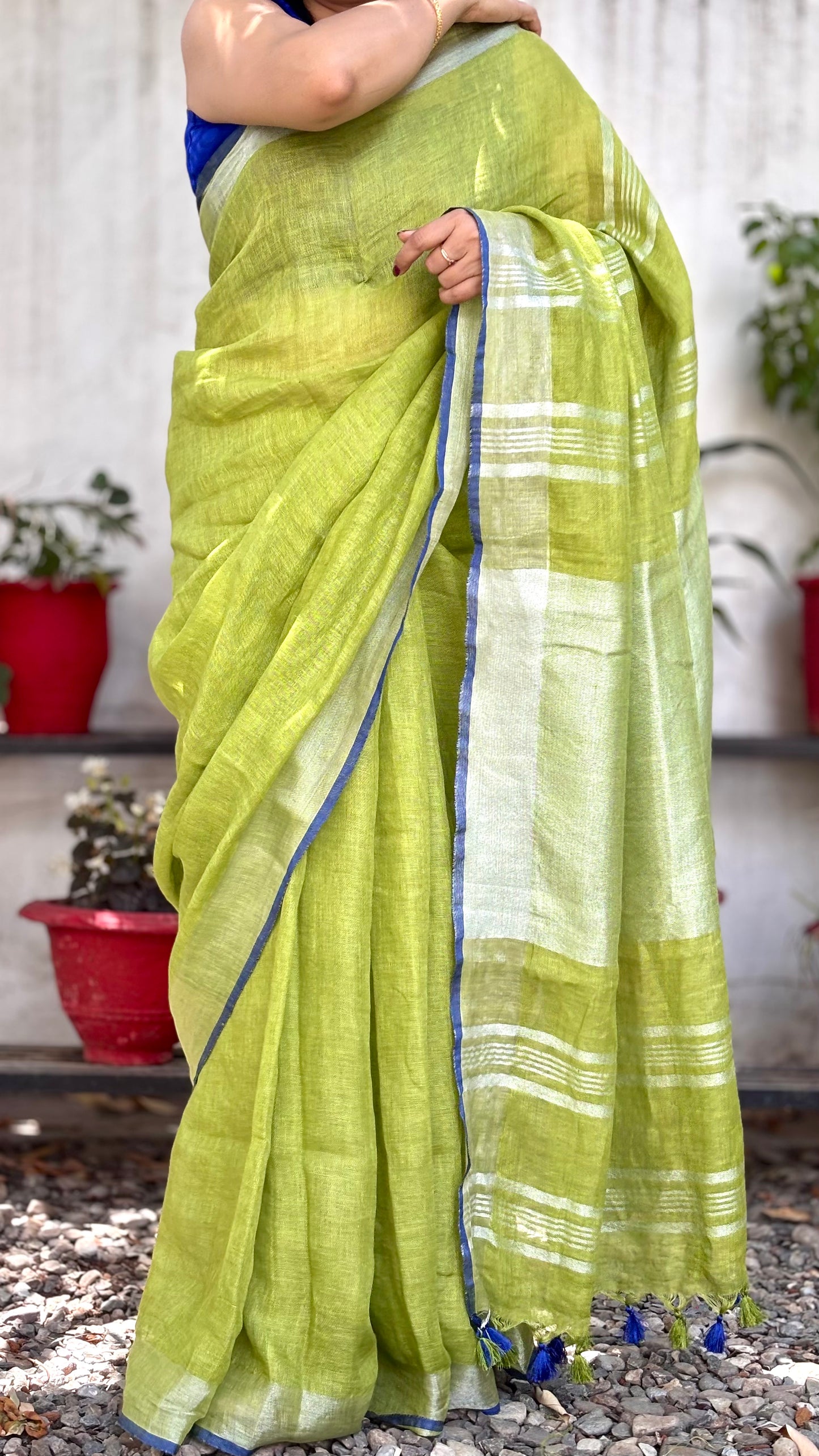 Handwoven Pure Linen Lime Green Saree with Blue Border, Striped Silver Pallu and Dual-Coloured Tassels