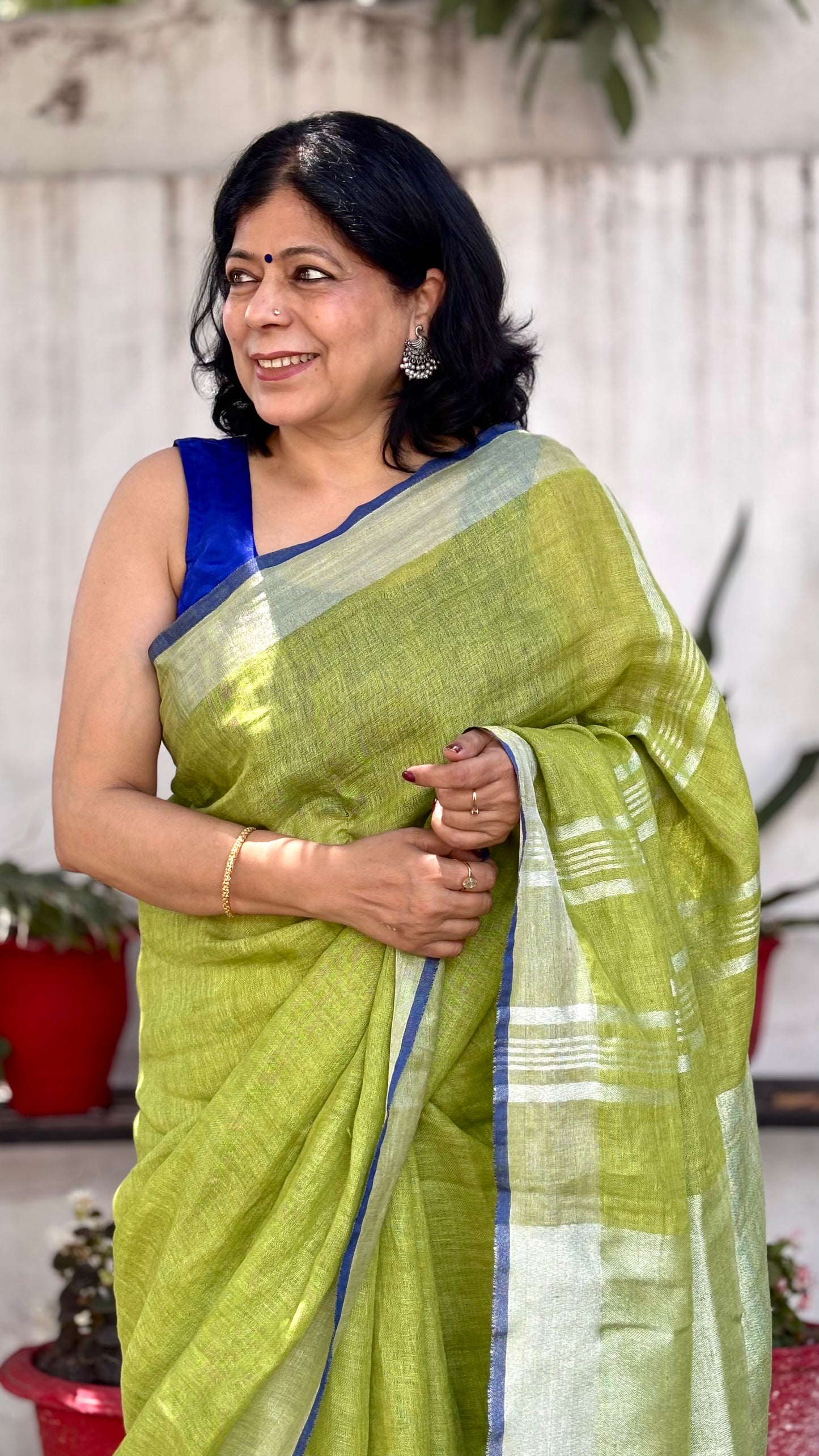Handwoven Pure Linen Lime Green Saree with Blue Border, Striped Silver Pallu and Dual-Coloured Tassels