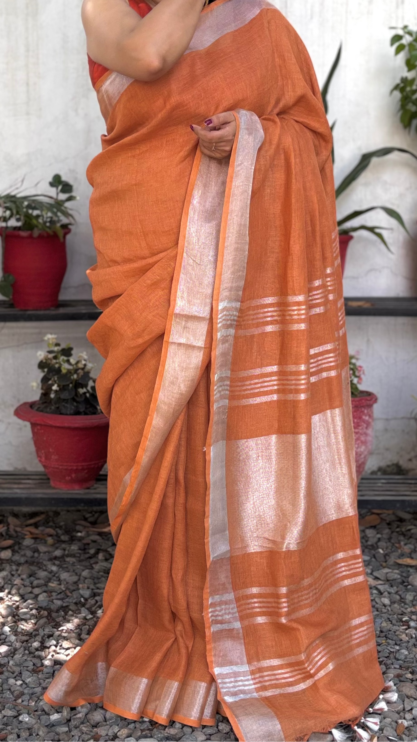 Handwoven Pure Linen Rust Saree with Bronze & Silver Woven Border, Striped Pallu and Dual-Coloured Tassels
