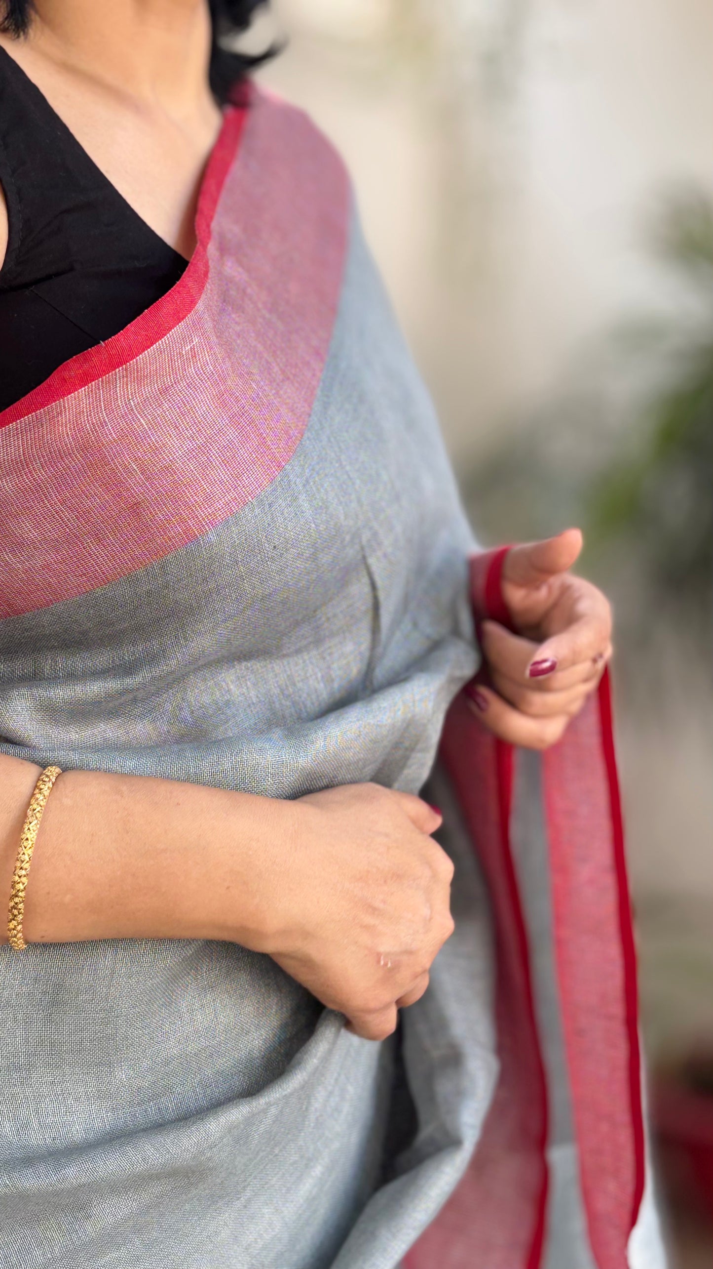 Handwoven Pure Linen Grey Saree with Red Border and Pallu